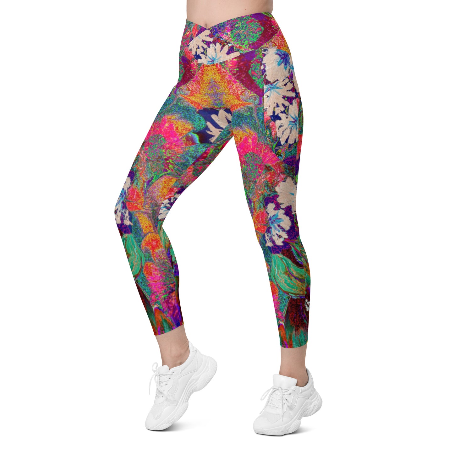 Crossover leggings with pockets orange flowers