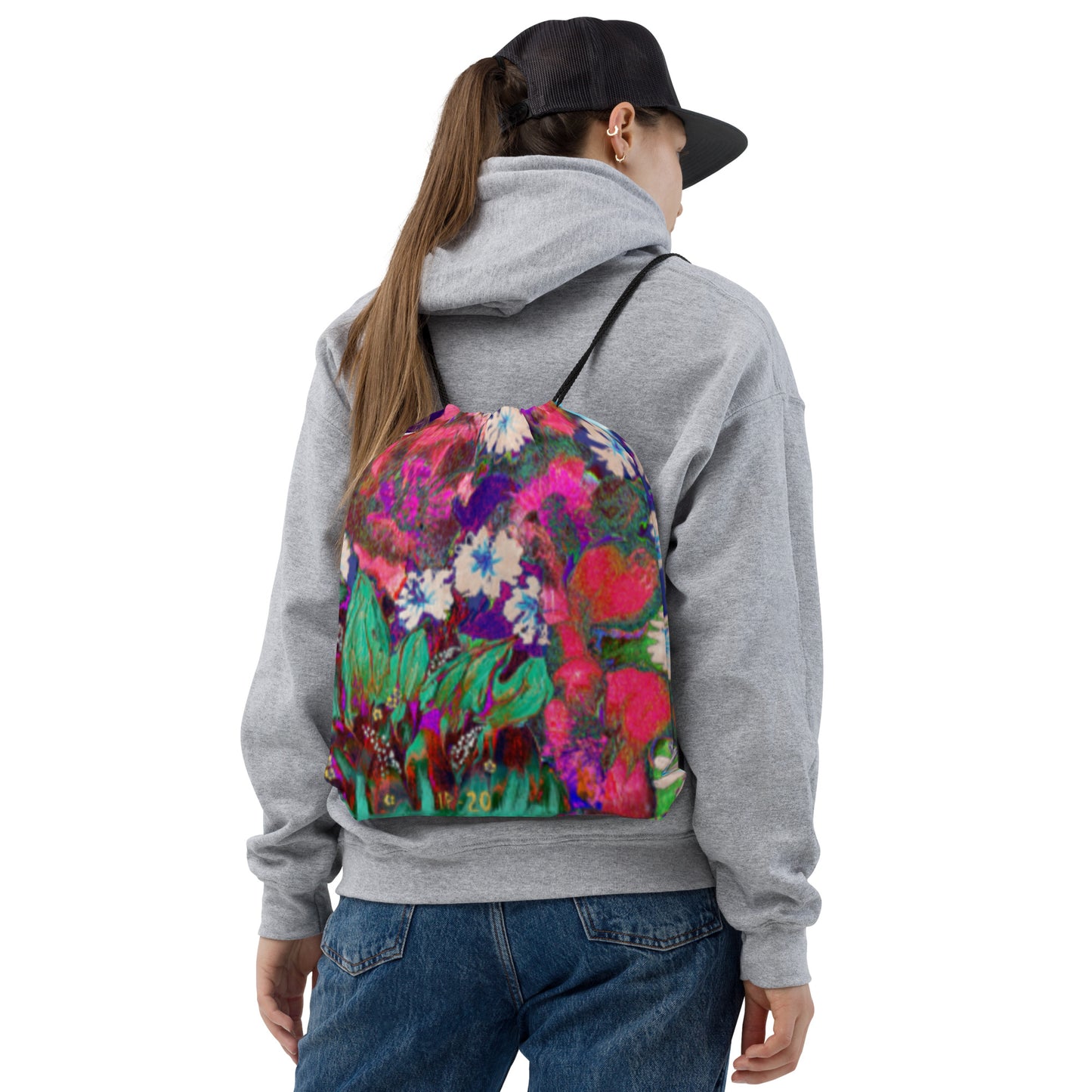 Drawstring bag pink flowers