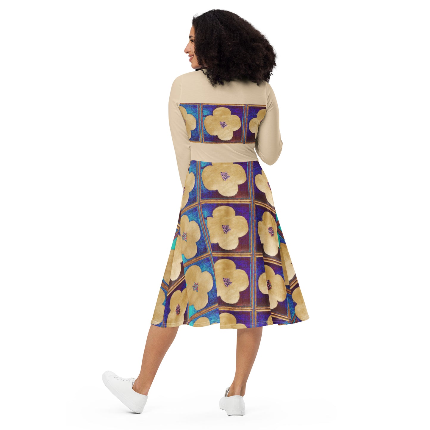 Long sleeve midi dress with goldish flowers