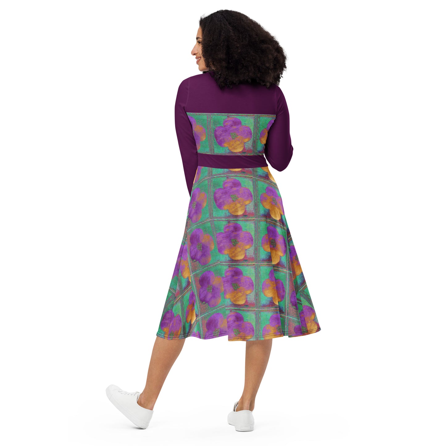Long sleeve midi dress with dark pink flowers