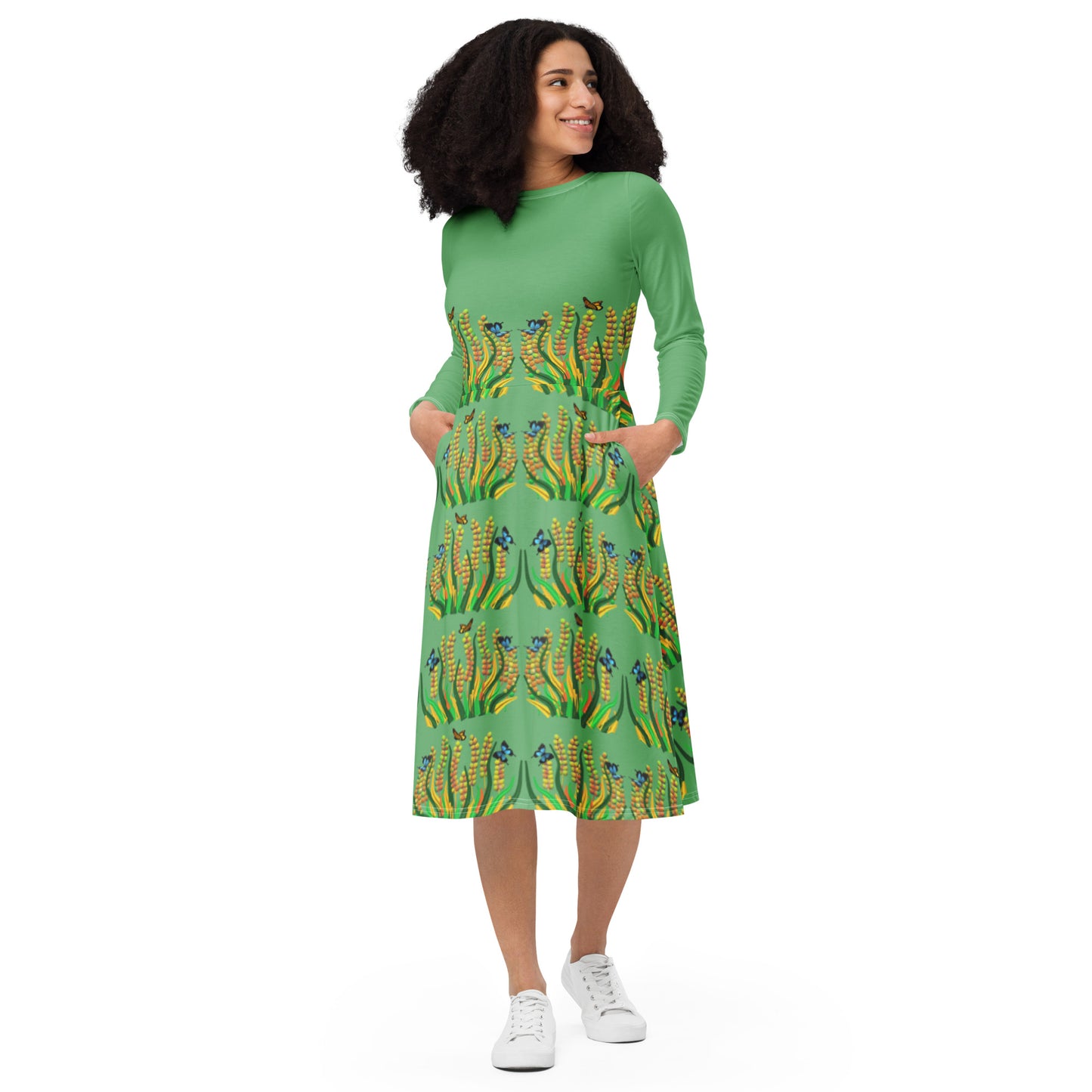 Long sleeve midi dress green grass