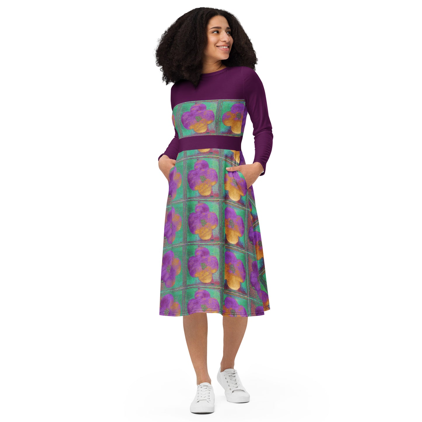 Long sleeve midi dress with dark pink flowers