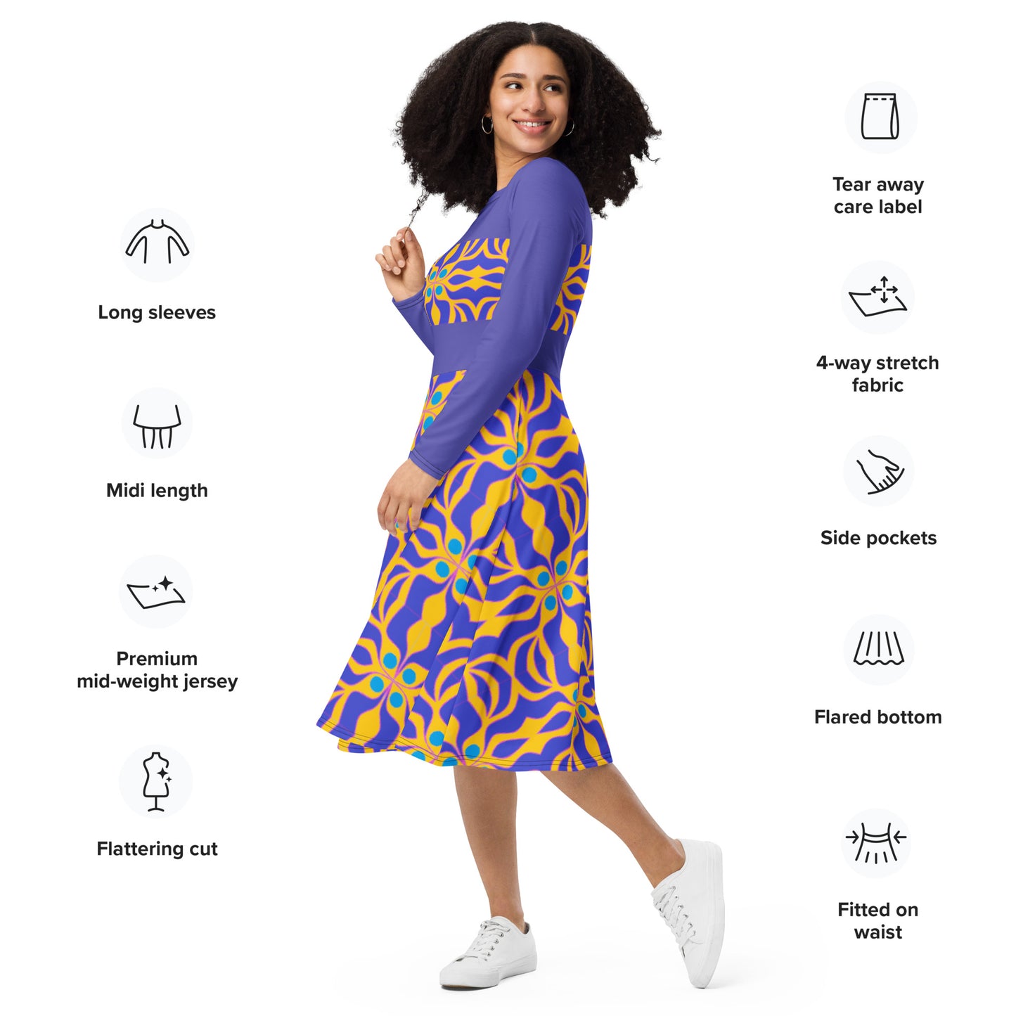 Long sleeve midi dress with purple and yellow print