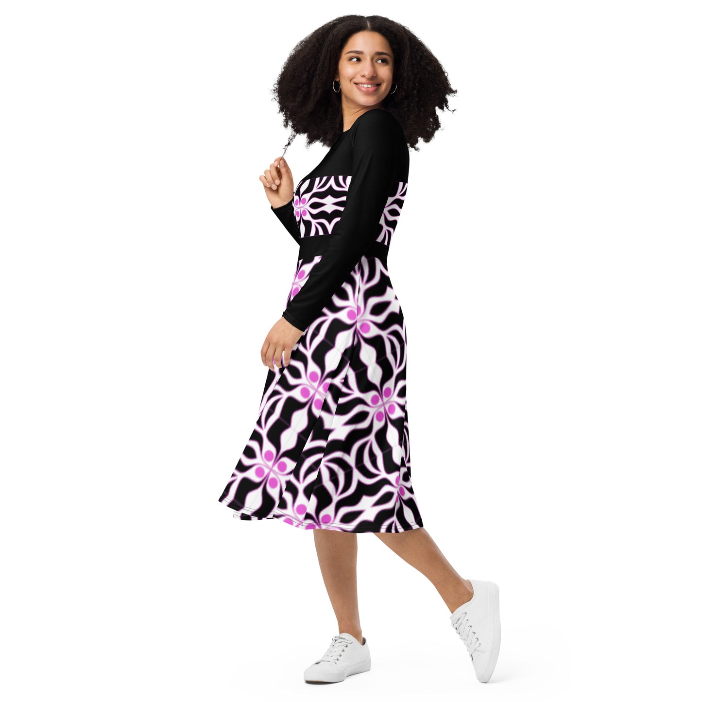 Long sleeve midi dress with purple and black print