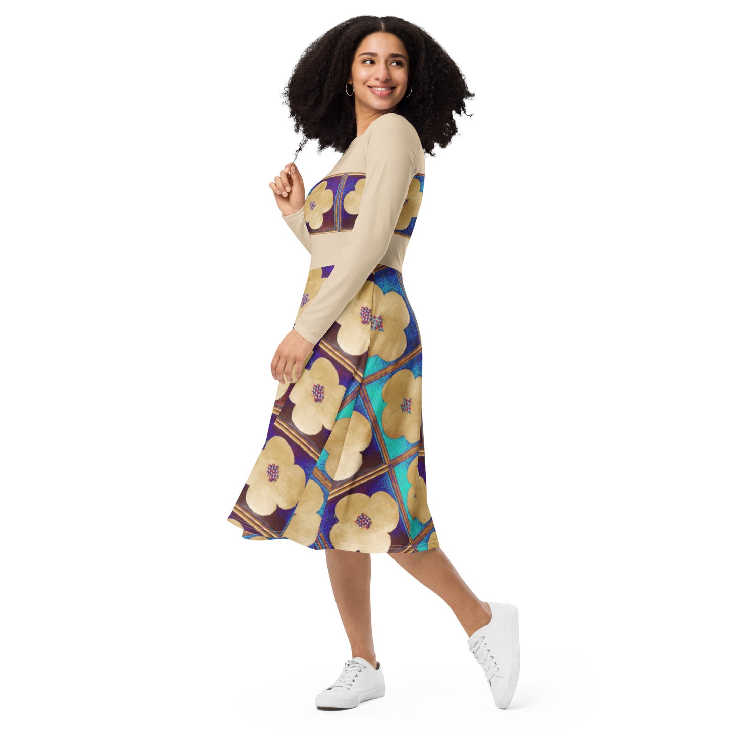 Long sleeve midi dress with goldish flowers