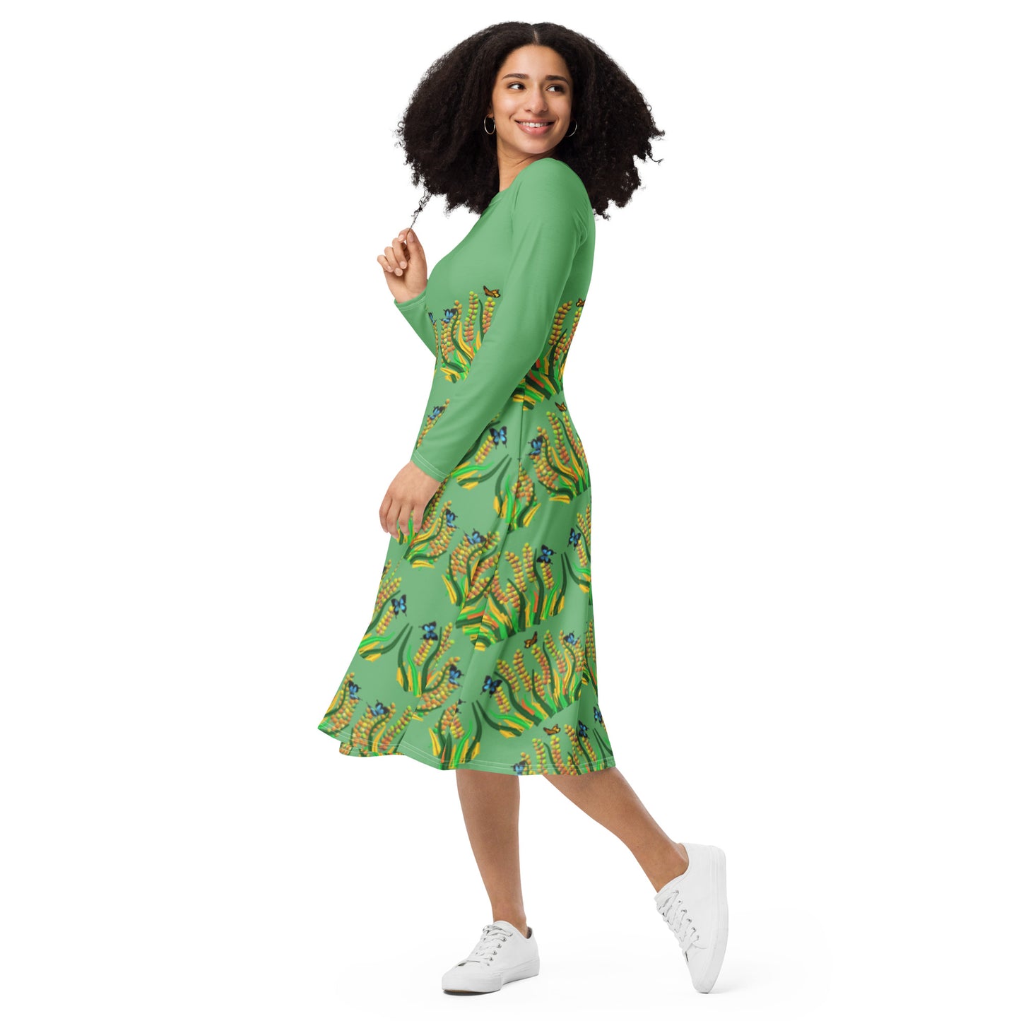 Long sleeve midi dress green grass