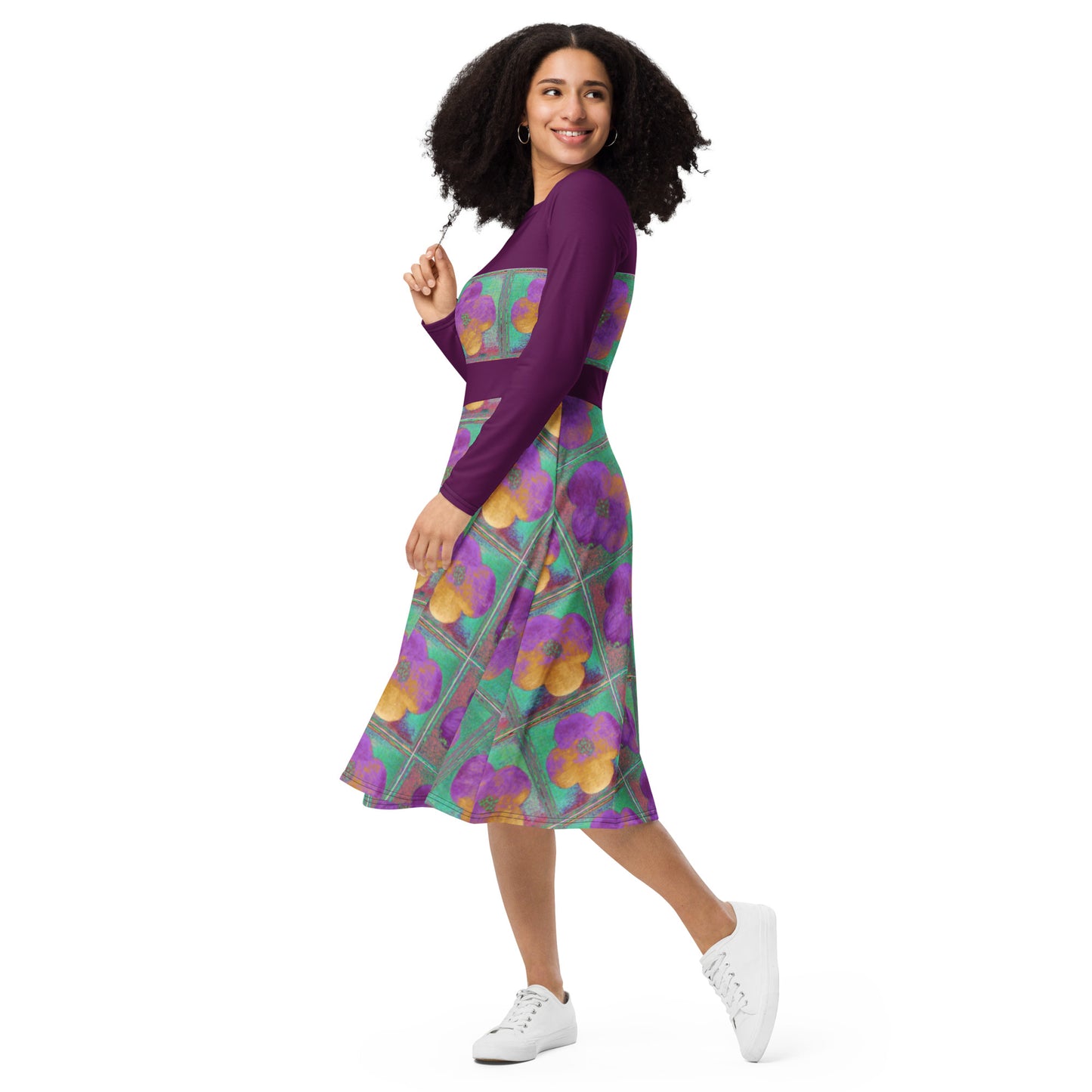Long sleeve midi dress with dark pink flowers