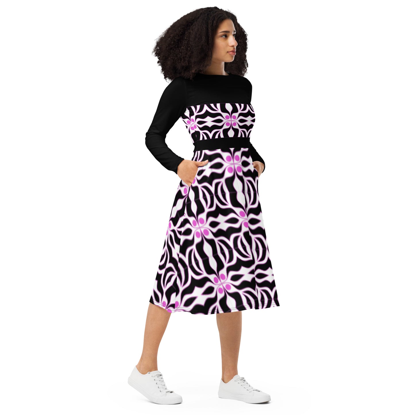 Long sleeve midi dress with purple and black print