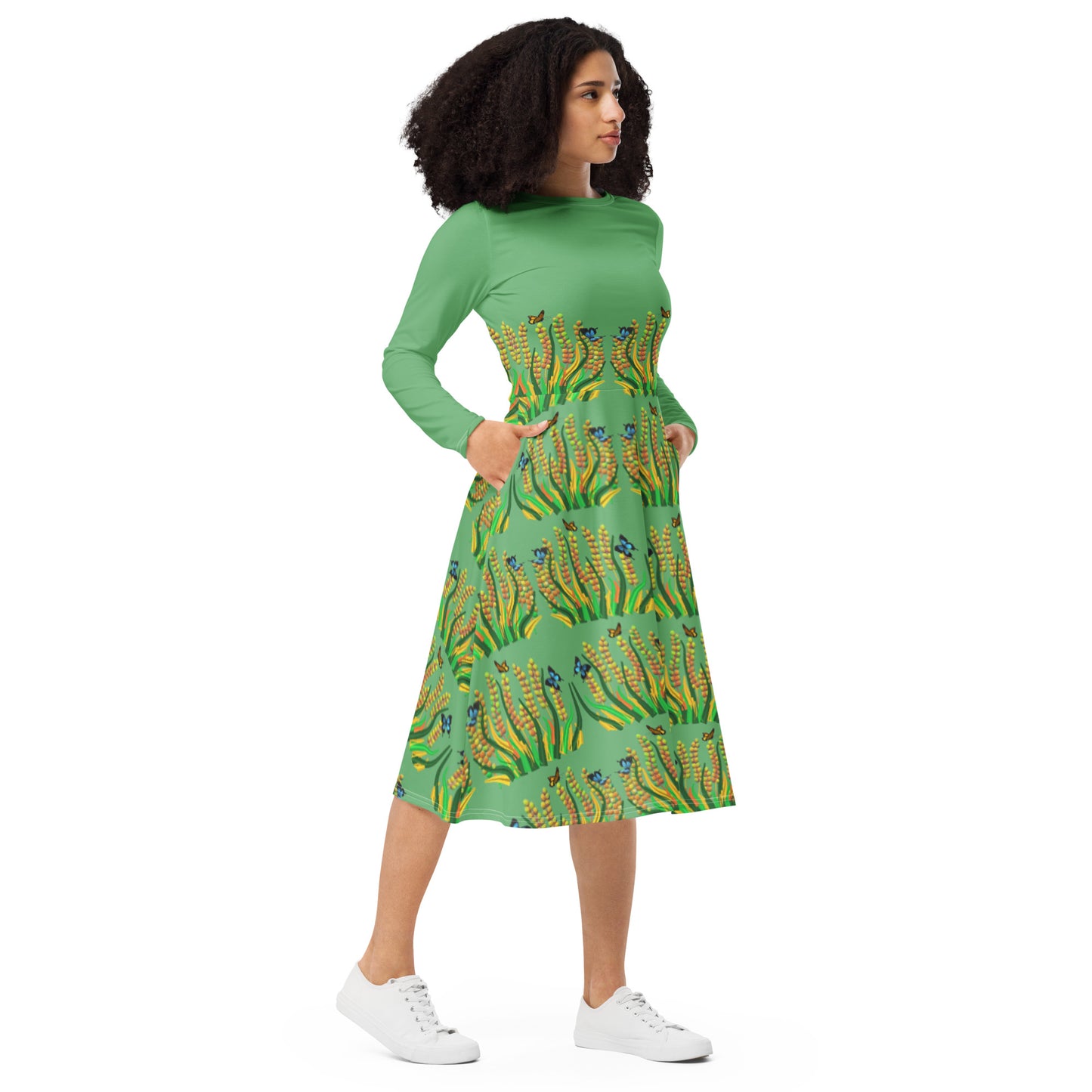 Long sleeve midi dress green grass