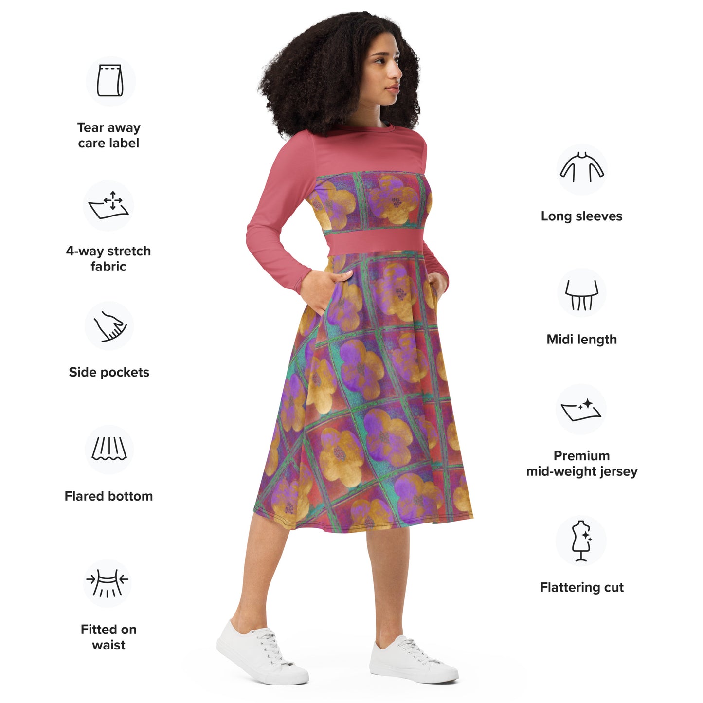 Long sleeve midi dress pink flowers