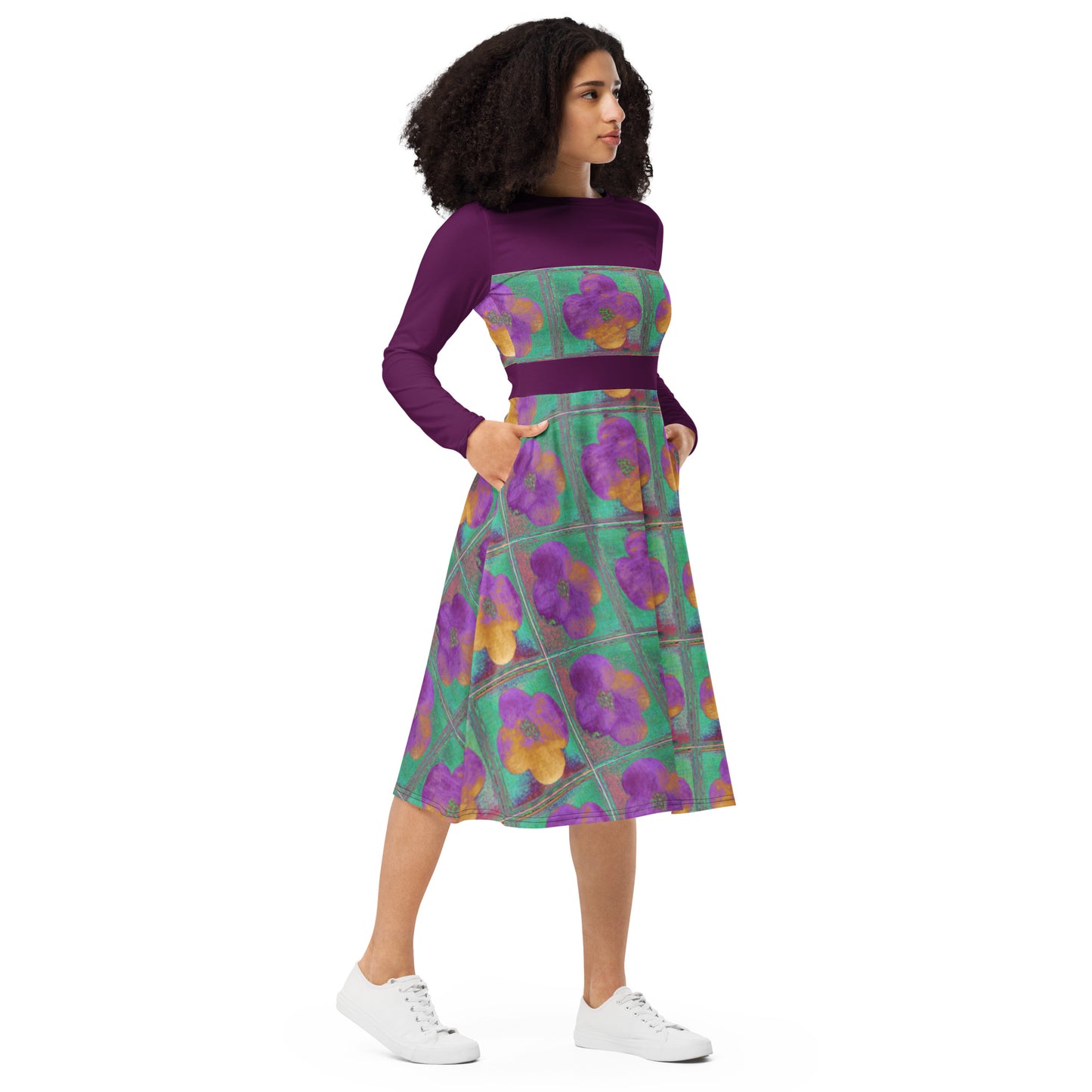 Long sleeve midi dress with dark pink flowers