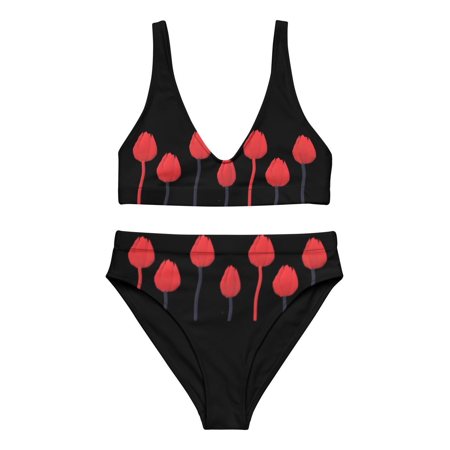 Recycled high-waisted bikini Tulips on black