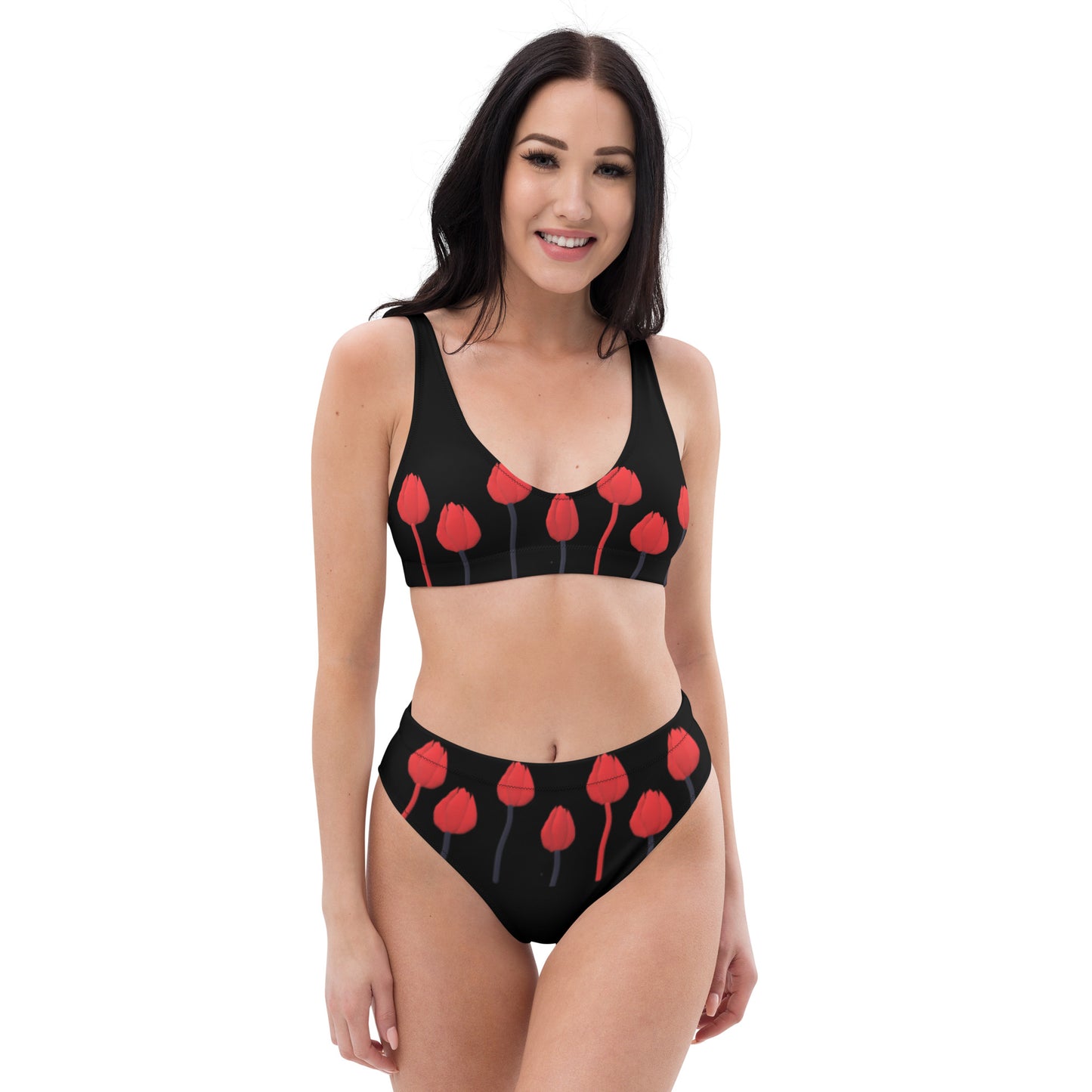 Recycled high-waisted bikini Tulips on black