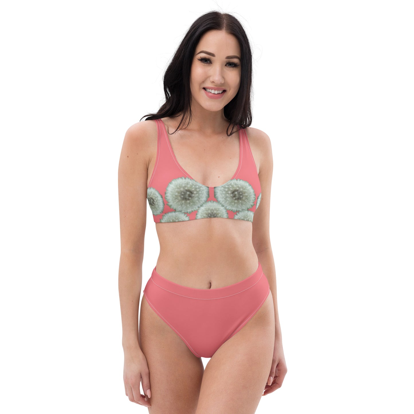 Recycled high-waisted bikini Dandelions on pink