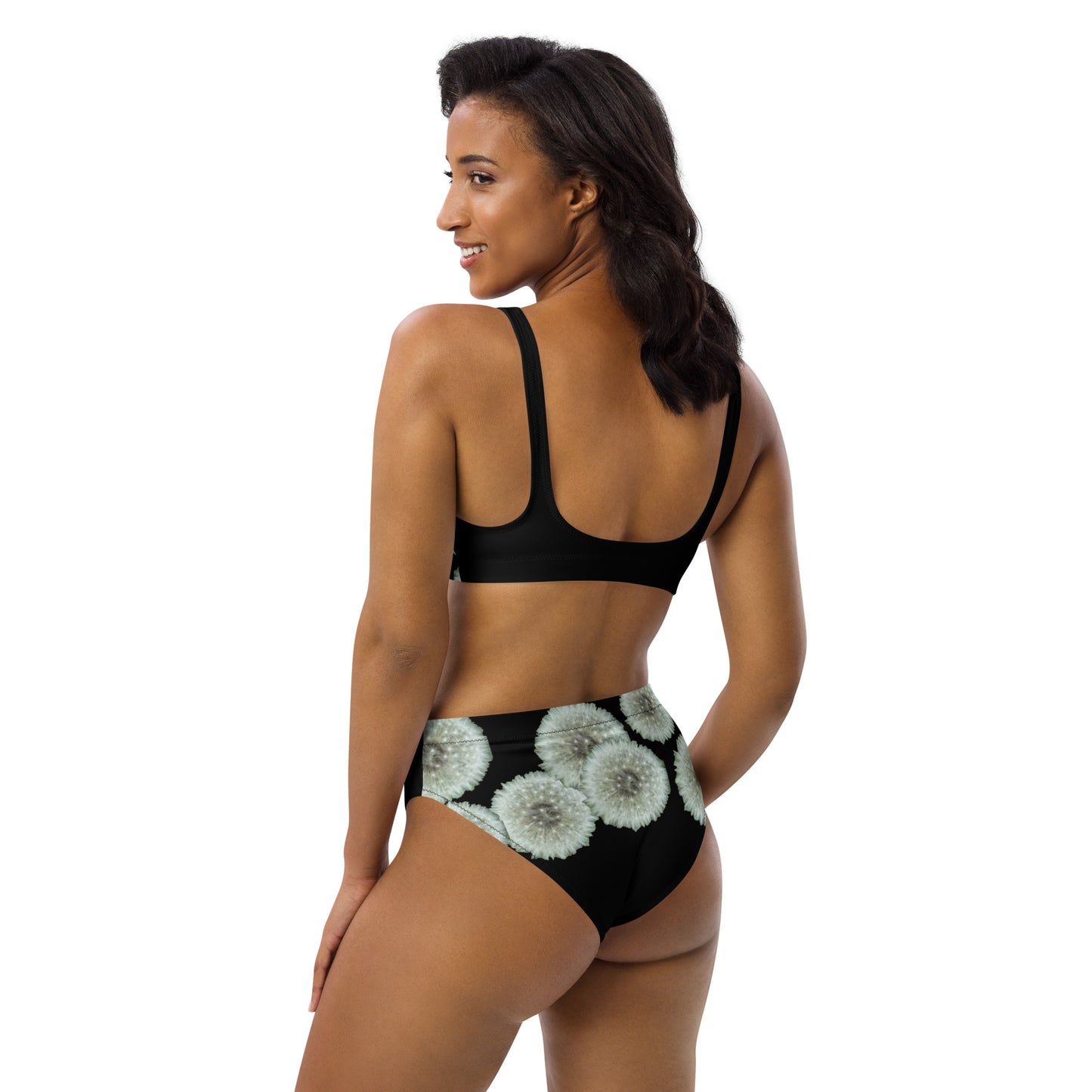 Recycled high-waisted bikini Dandelions on black