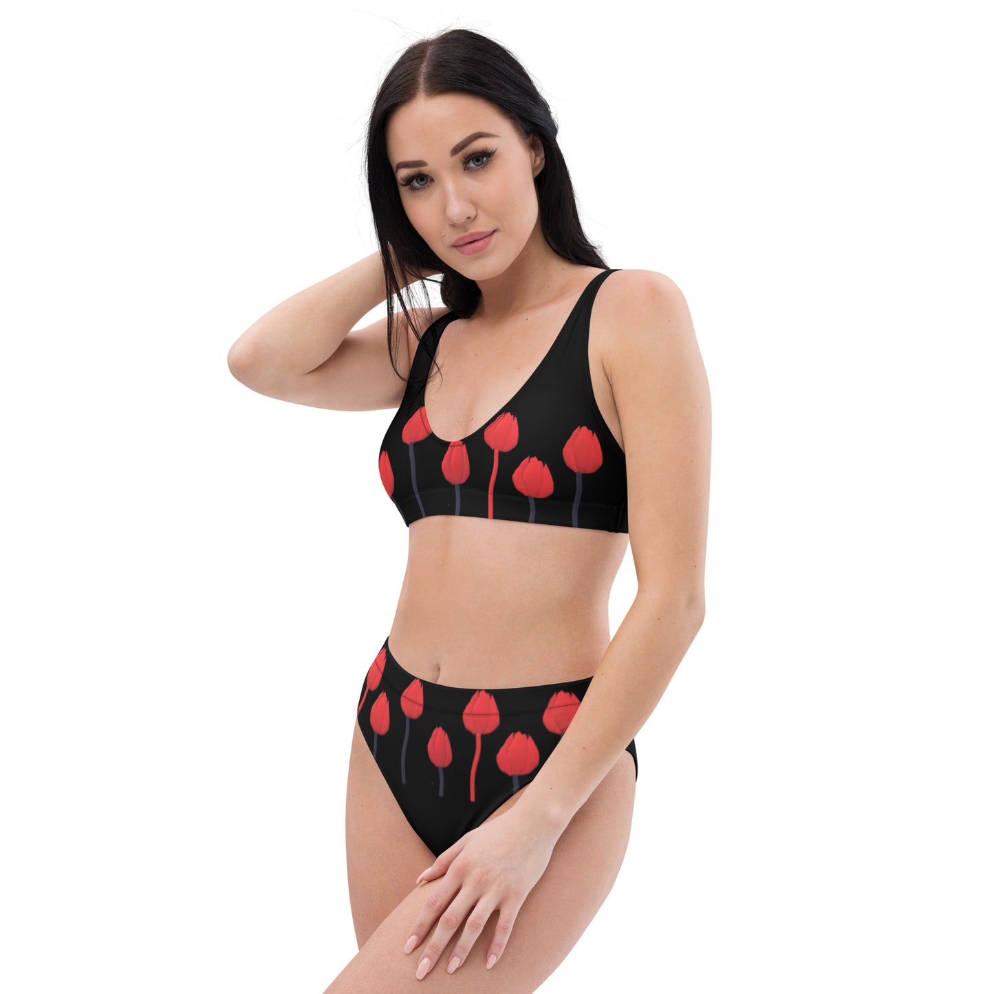 Recycled high-waisted bikini Tulips on black