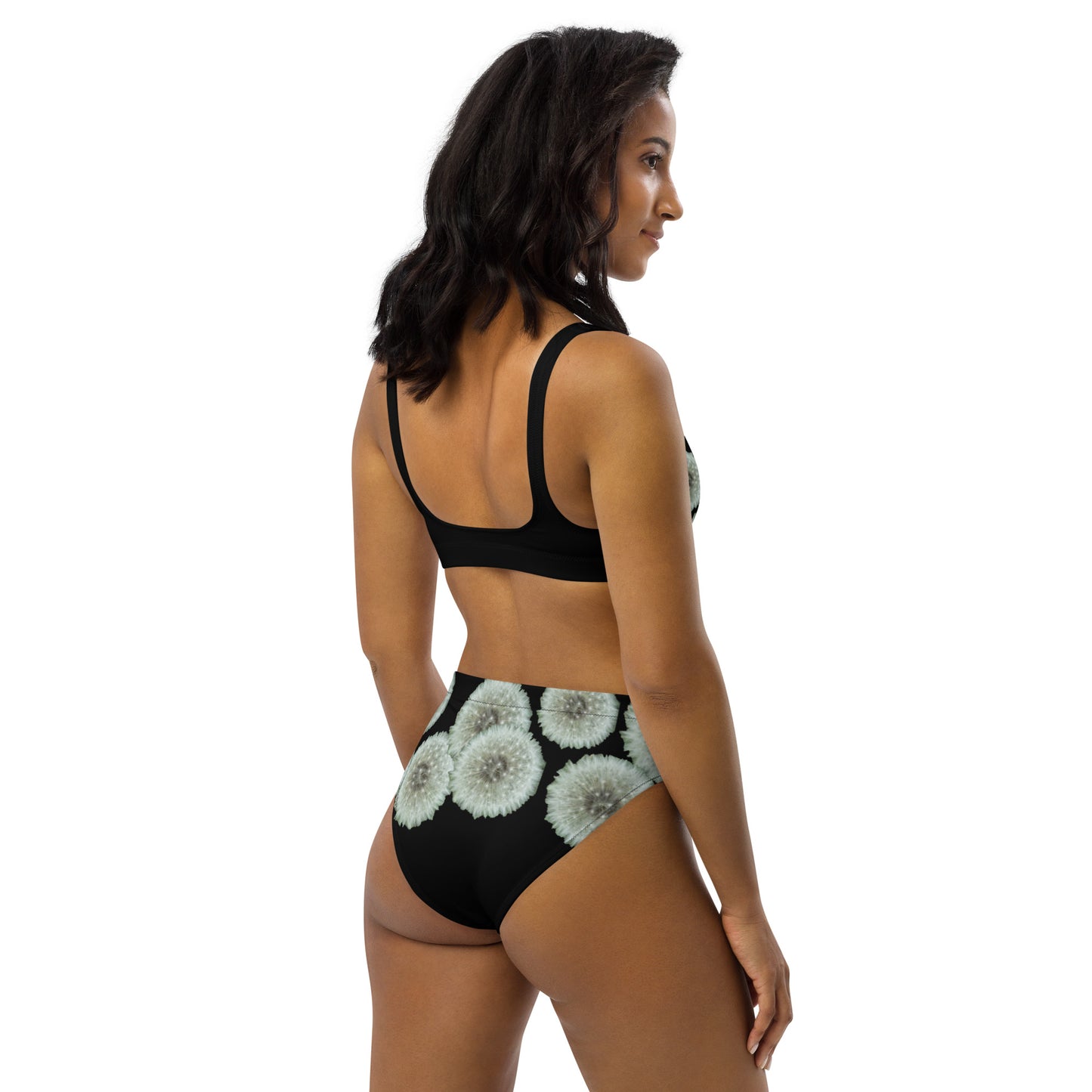 Recycled high-waisted bikini Dandelions on black