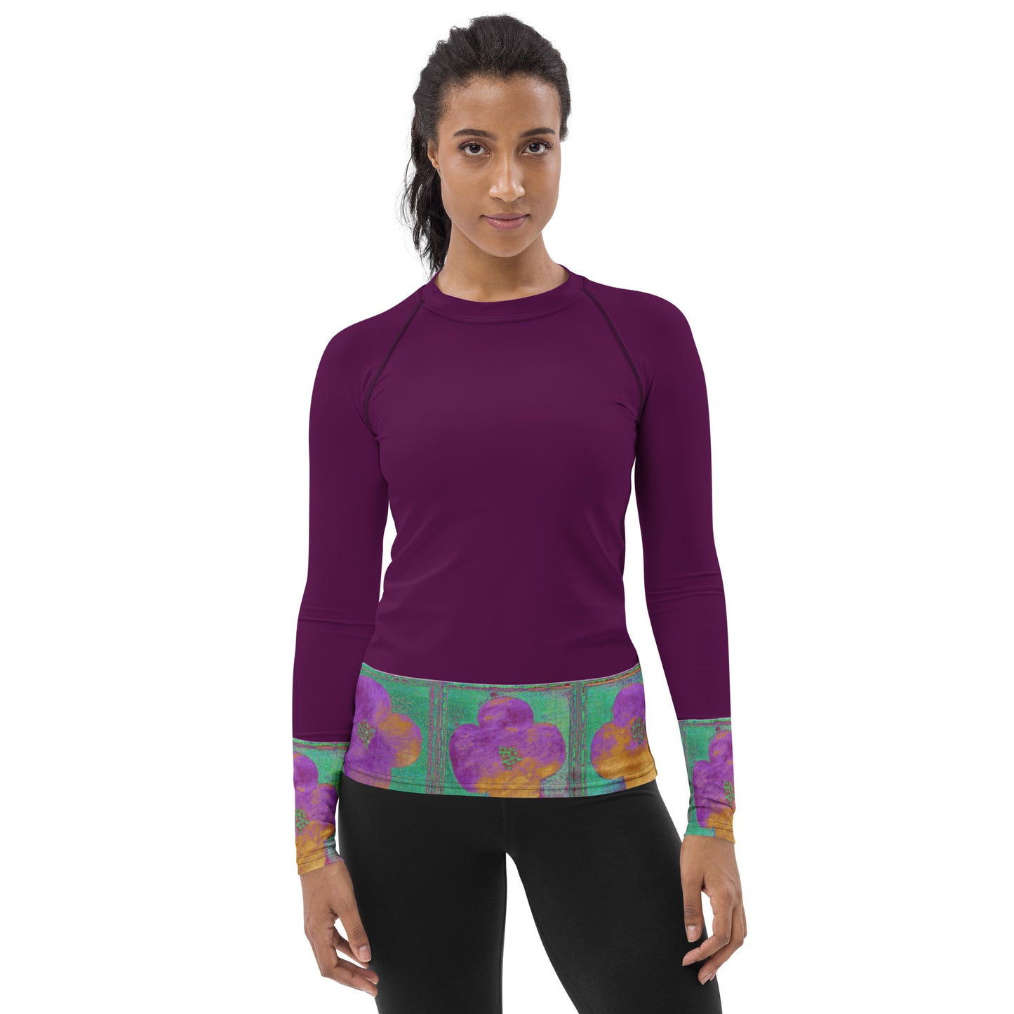 Women's Rash Guard with dark pink flowers