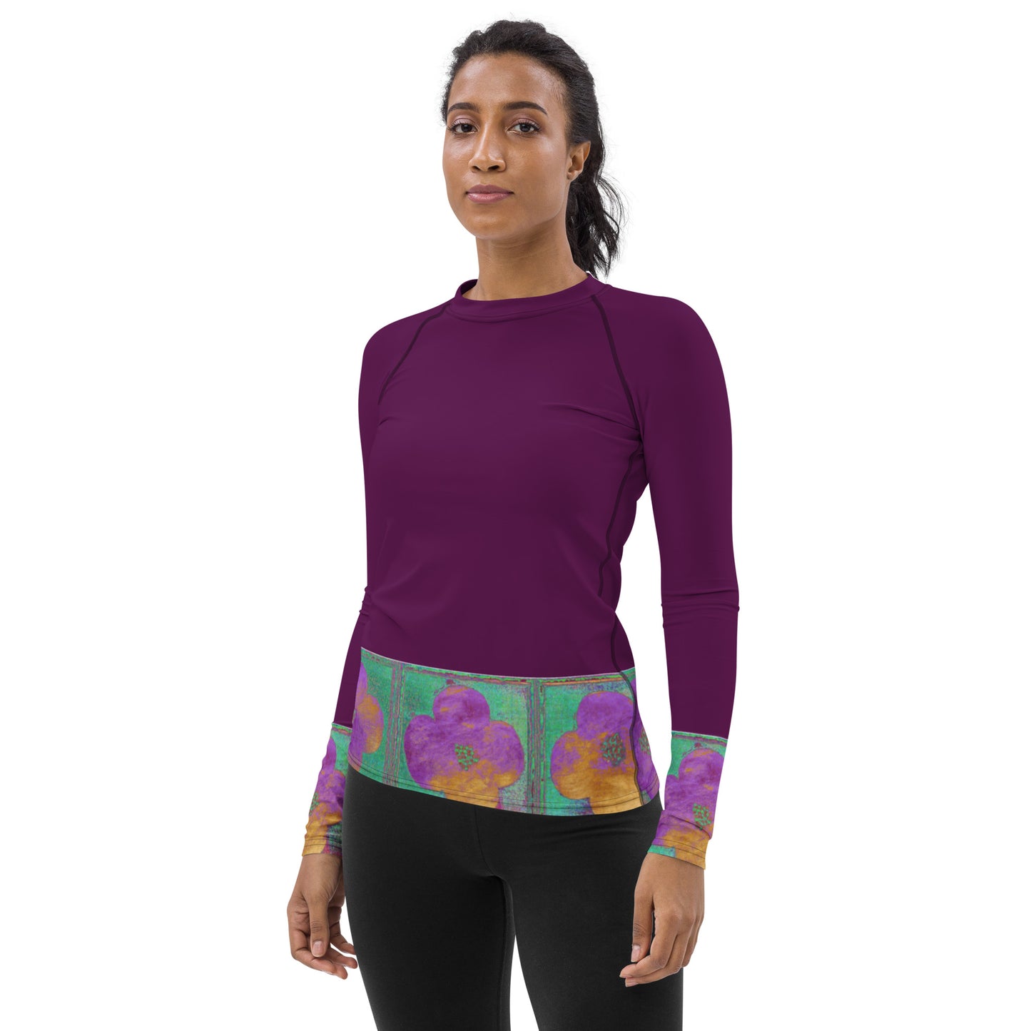 Women's Rash Guard with dark pink flowers