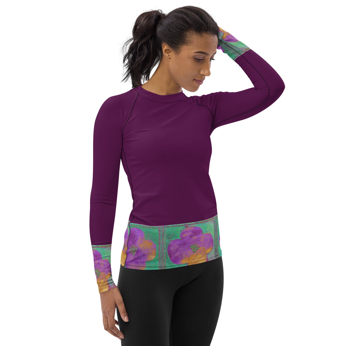 Women's Rash Guard with dark pink flowers