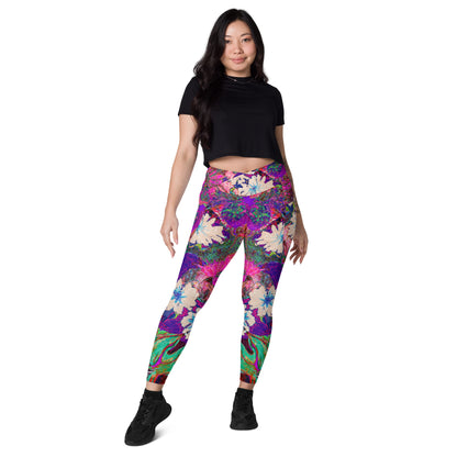Crossover leggings with pockets pink flowers