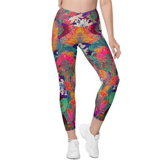 Crossover leggings with pockets orange flowers