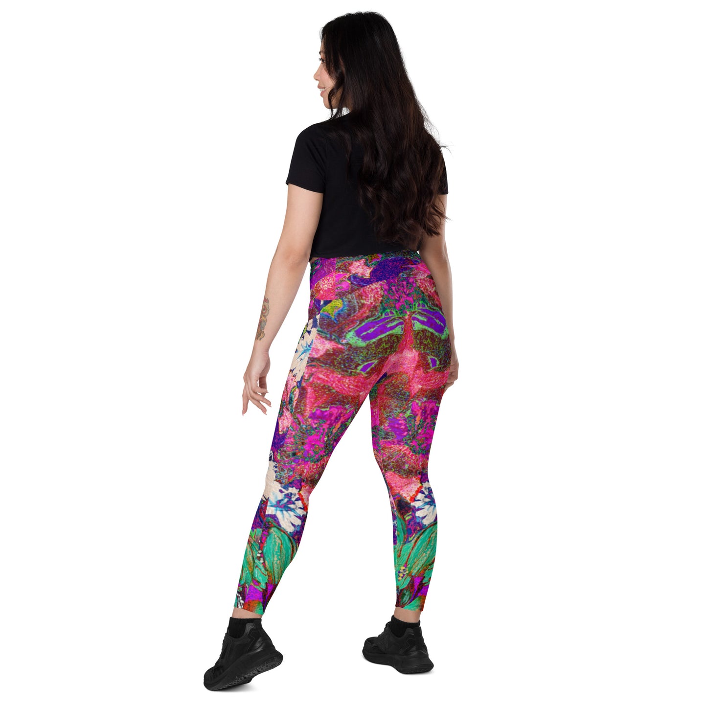 Crossover leggings with pockets pink flowers