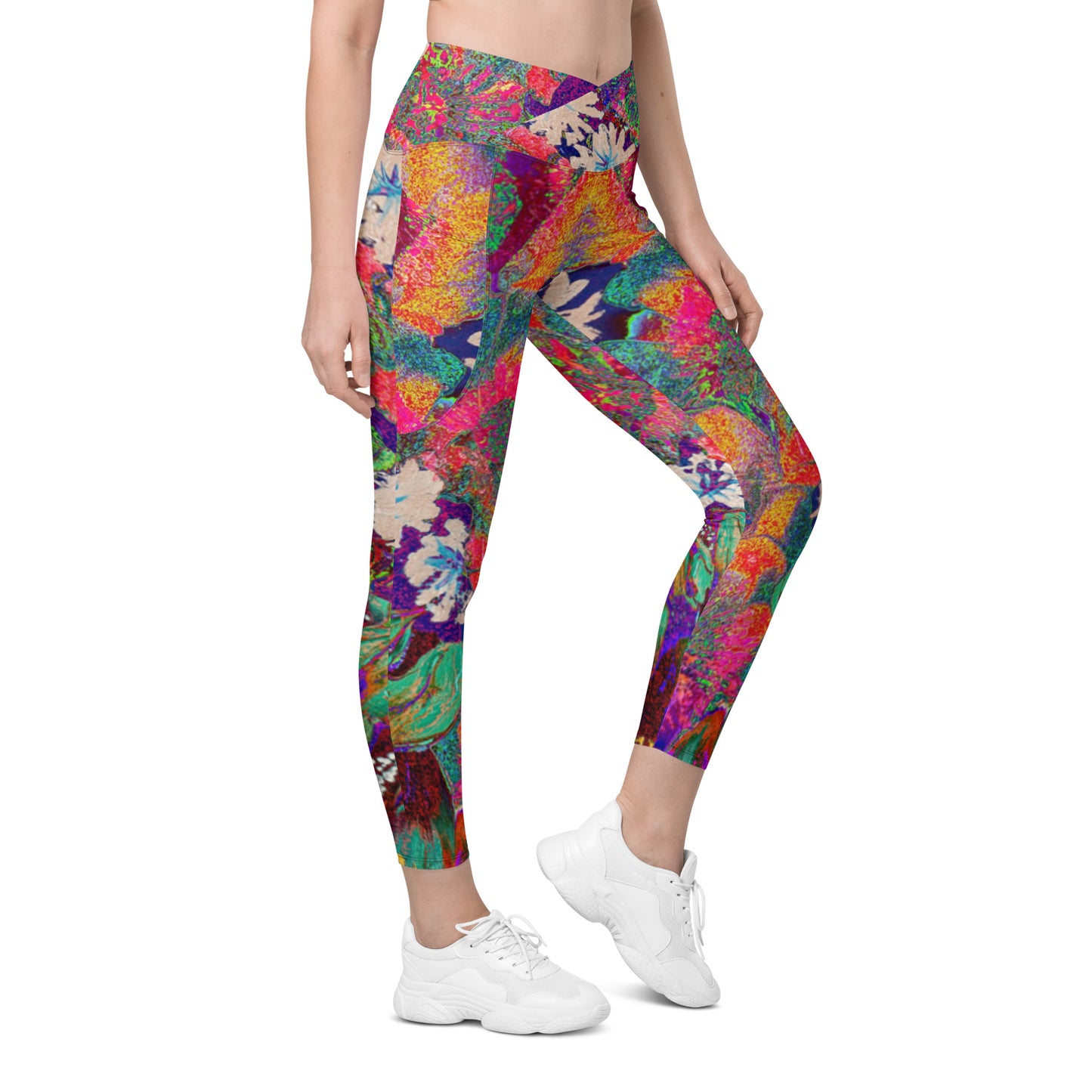 Crossover leggings with pockets orange flowers