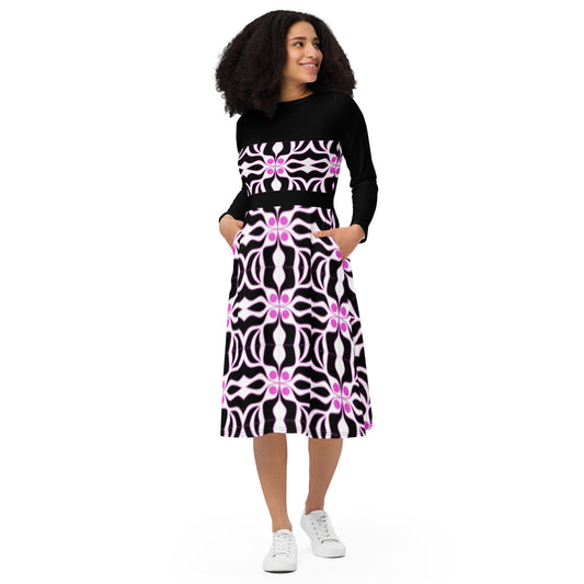 Long sleeve midi dress with purple and black print