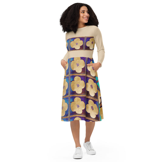 Long sleeve midi dress with goldish flowers