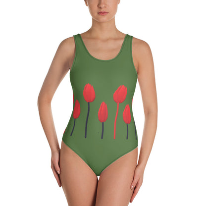 One-Piece Swimsuit Tulips on green