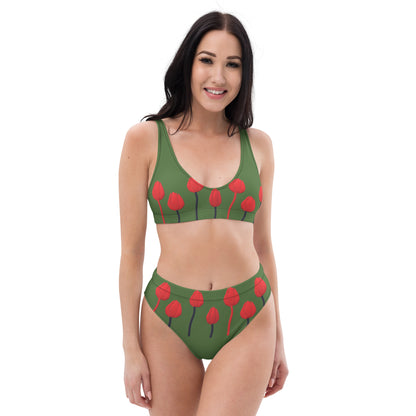 Recycled high-waisted bikini Tulips on green