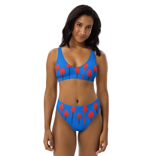 Recycled high-waisted bikini Tulips on blue