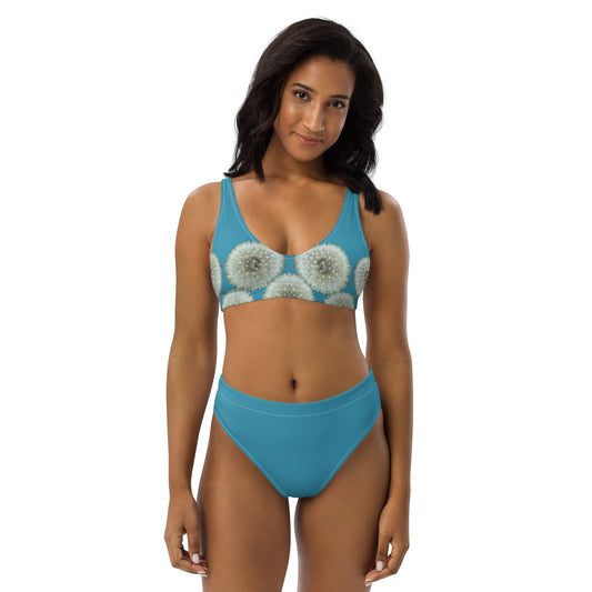 Recycled high-waisted bikini Dandelions on turquoise