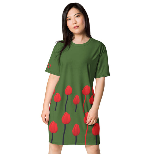 T-shirt dress Tulips on green